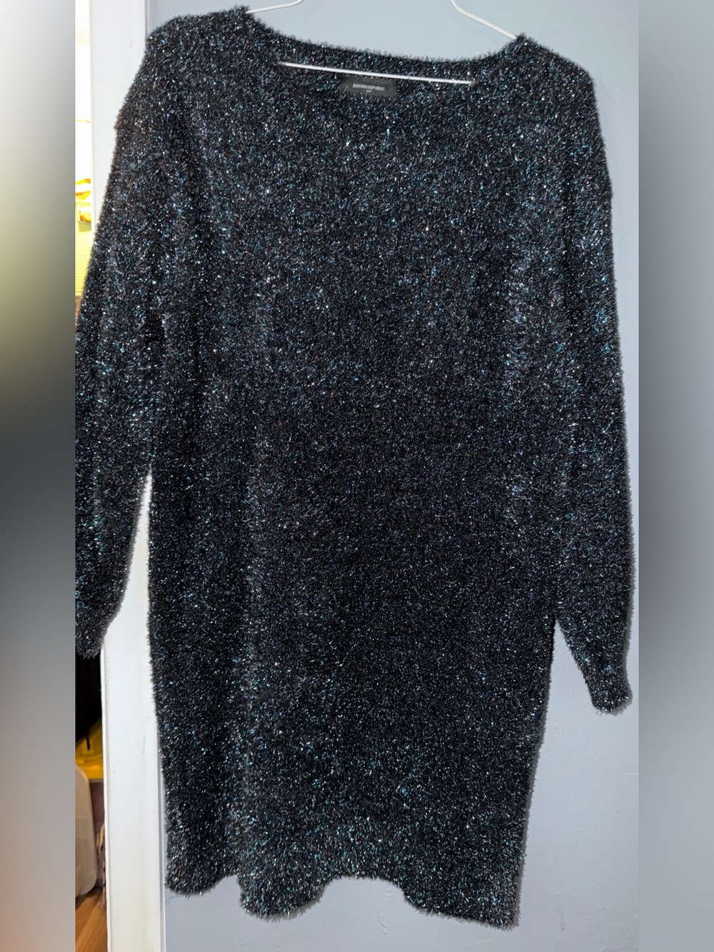 Banana Republic Black Metallic Fuzzy Knit Turtleneck Sweater Dress